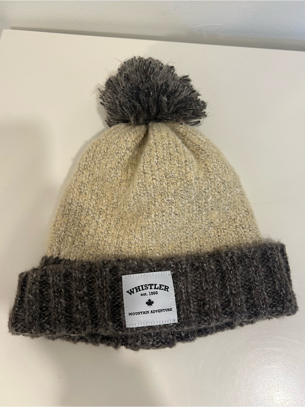 Kids Two-Tone Pom Beanie - Cream & Dark Gray